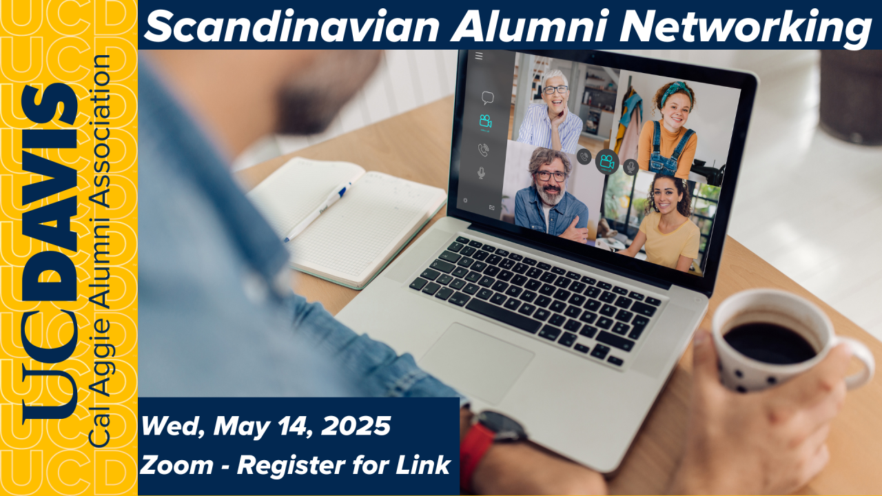 CAAA Marketing image of someone on a zoom call advertising the Scandinavian alumni networking virtual event on May 14th